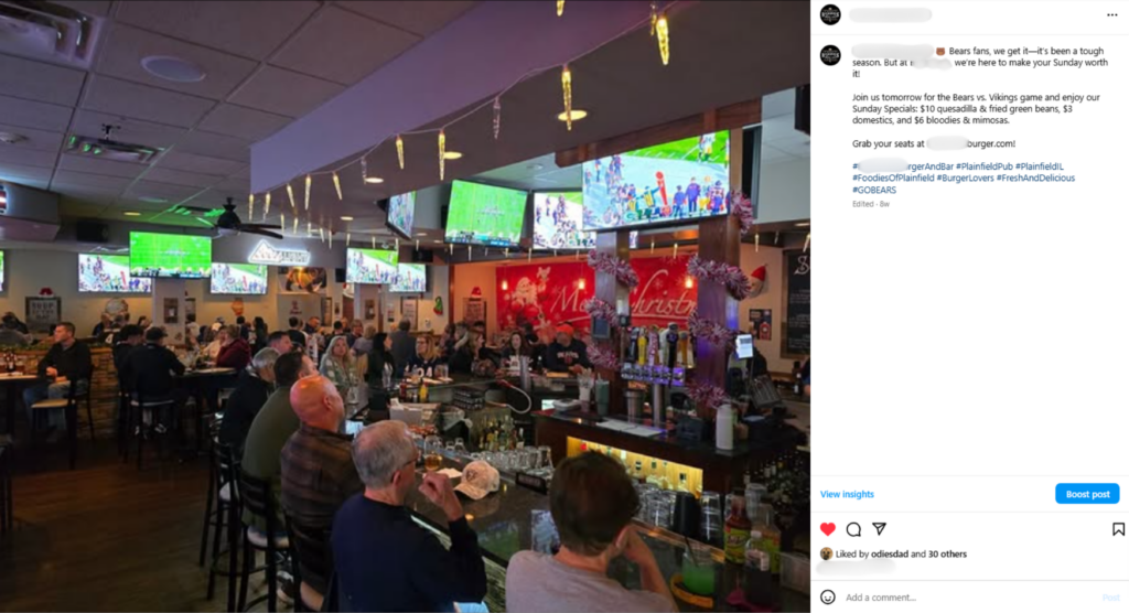 A bustling sports bar filled with patrons enjoying drinks and watching football on several large flat-screen TVs, with festive decor in the background.