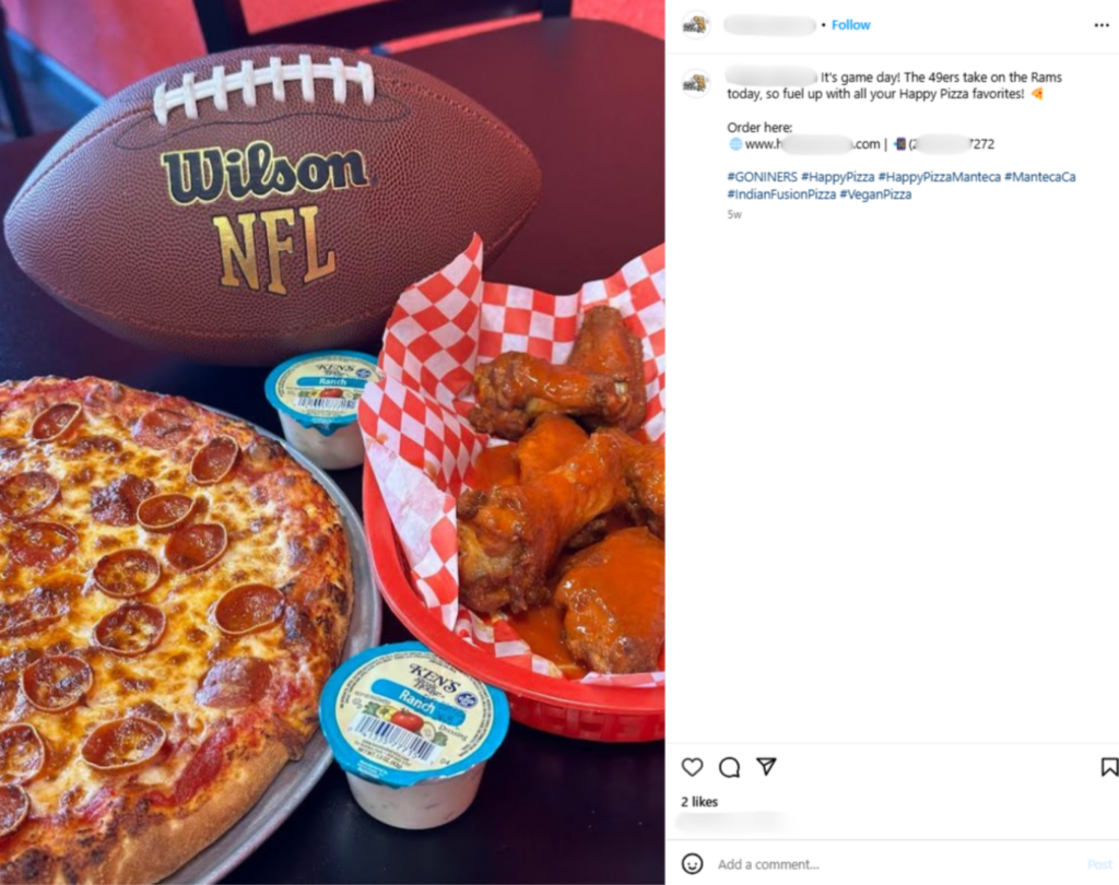 Pepperoni pizza, buffalo wings in a basket, and dipping sauces on a table next to a football with an NFL logo.